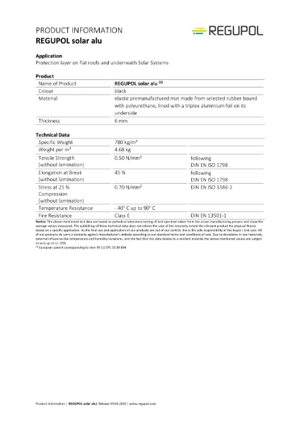 Regupol Solar Standard 6 mm Data Sheet