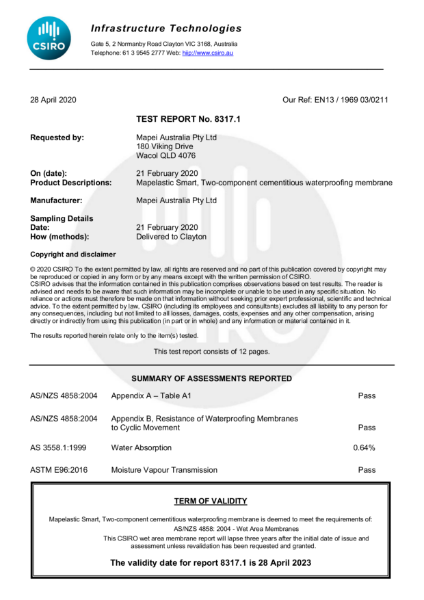 Mapelastic Smart AS/NZS 4858 Certification