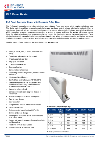 PLE Panel Heater data sheet