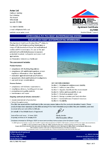 21/5984 PS1-2 - Axter Ecoflex ADH Roof Waterproofing Membrane