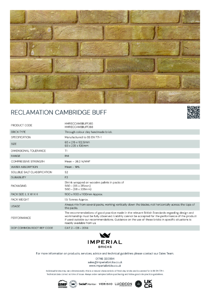 Imperial Bricks Reclamation Cambridge Buff Data Sheet