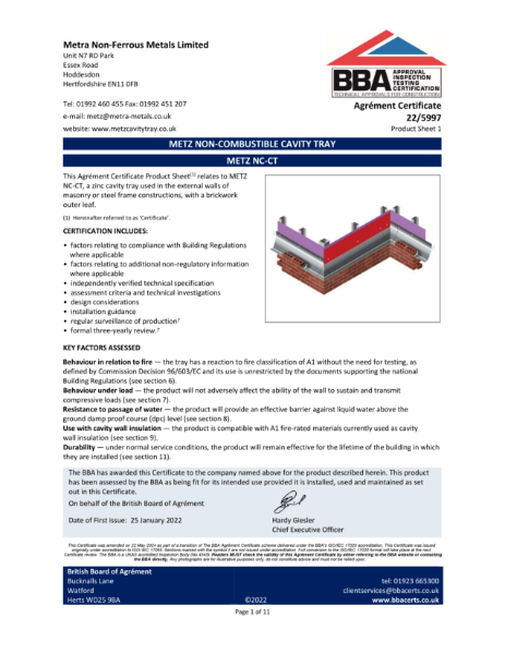 Metz Non Combustible A1 Fire rated Cavity Tray