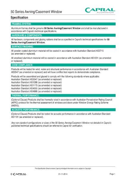 Specification 50 Series Awning window