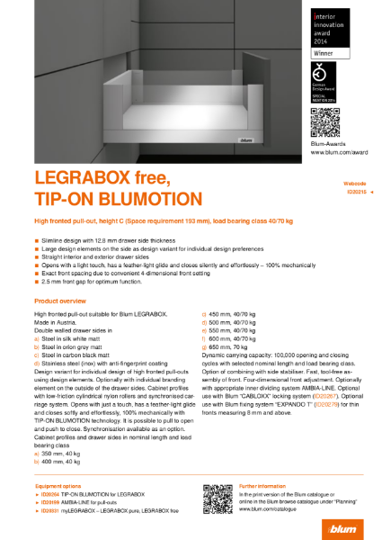 LEGRABOX free TIP-ON BLUMOTION C Height Specification Text