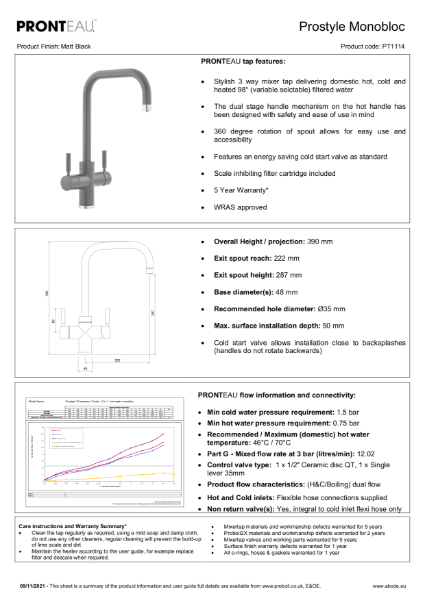 PT1114 Pronteau Prostyle (Matt Black), 3 in 1 Steaming Hot Water Tap - Consumer Spec