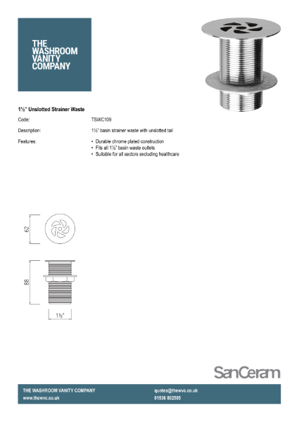 1 ½” Unslotted strainer waste TSWC109