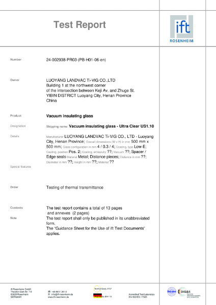 IFT U-Value Report - Vacuum Glazing Enhance S1.10 ULTRACLEAR
