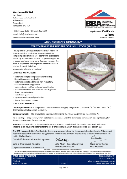 10/4803 Xtratherm Safe-R Underfloor Insulation (SR/UF) (Product Sheet 3)