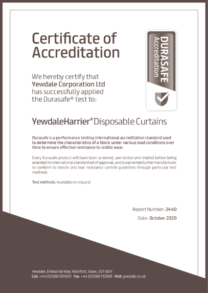 Durasafe durability certificate for YewdaleHarrier Disposable cubicle curtains