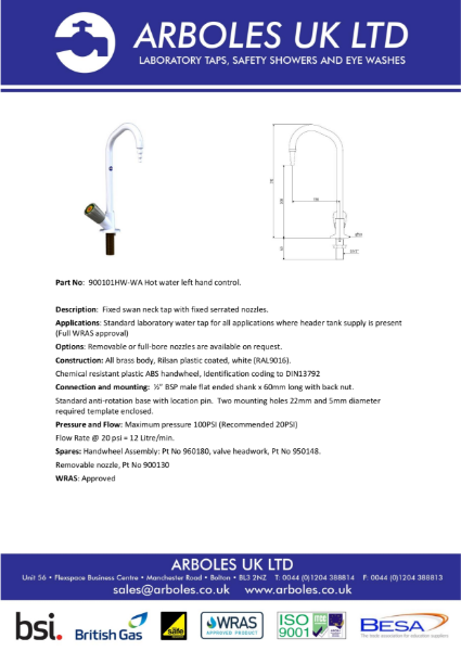 Arboles UK Bench Mounted Hot Water Swan Neck Tap With Removable Nozzle