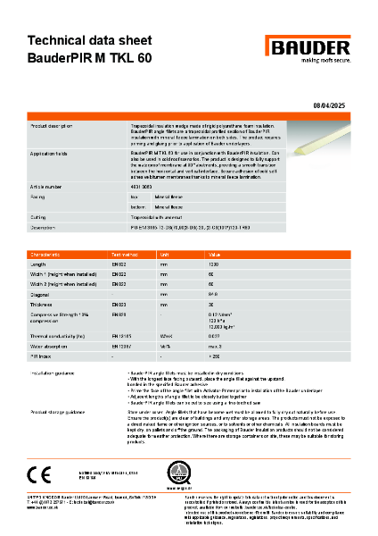 BauderPIR T KL 50 Angle fillets - Technical Data Sheet