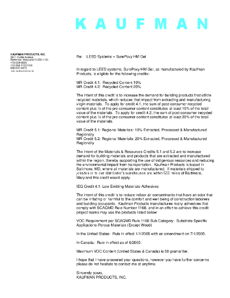 SurePoxy HM Gel LEED Certification