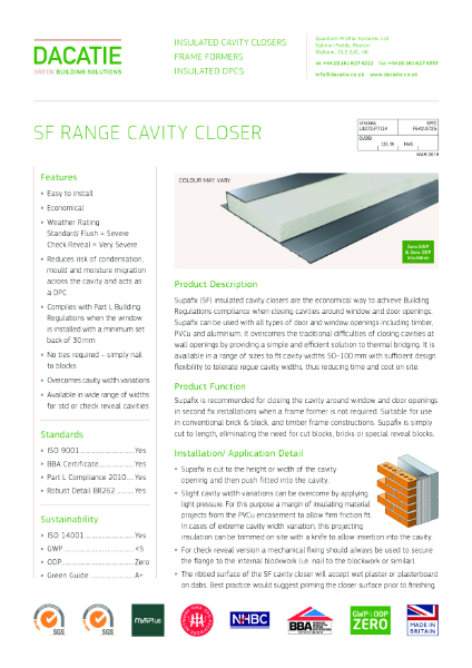 Dacatie Supafix - cavity closers - 30 to 100mm cavities - Datasheet