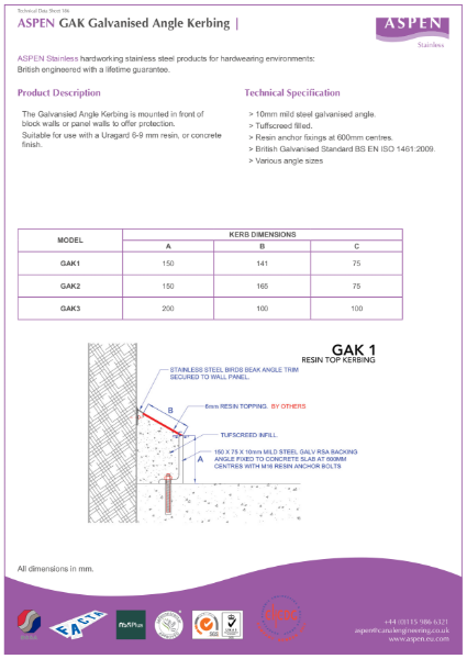 Kerbing datasheets