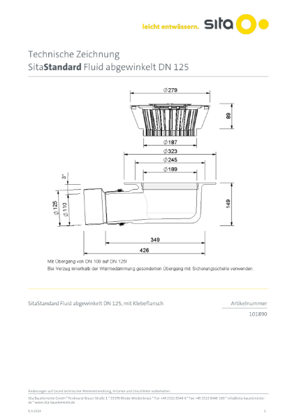 DN125 SitaStandard Fluid Angled Roof Outlet - Technical Drawing