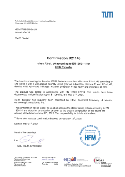 Keim Twinstar Fire Certificate B21148 May 2021