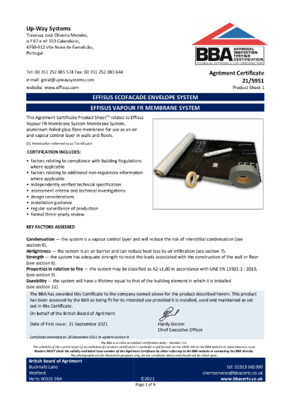BBA Certificate 21/5951 - Effisus Vapour FR System
