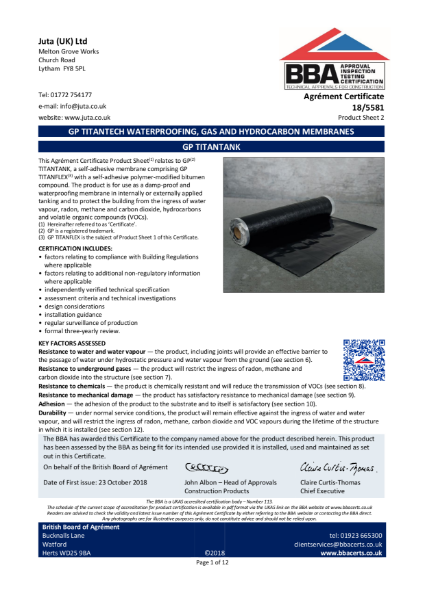 BBA Certificate 
JUTA GP Titantank
18/5581 - Product Sheet 2