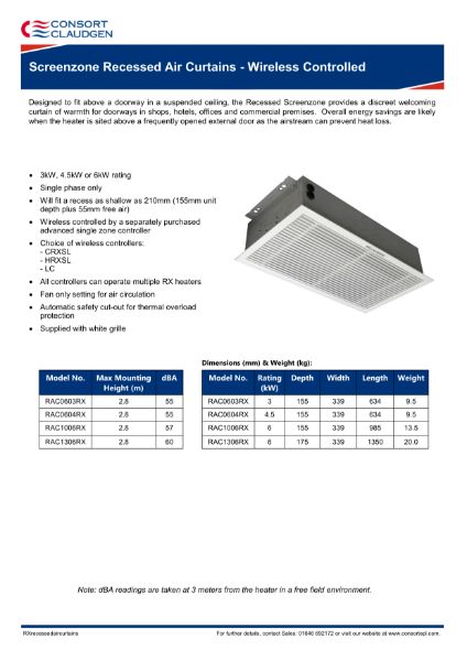 RX Recessed Air Curtains data sheet