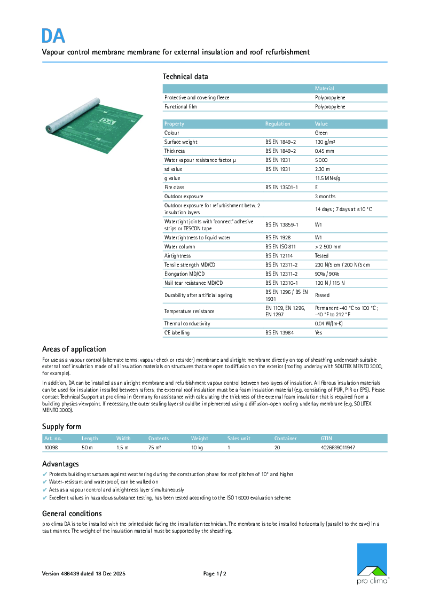 Pro Clima DA Technical Datasheet