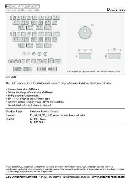 GEC Anderson Data Sheet - Sink Bowl: LR38