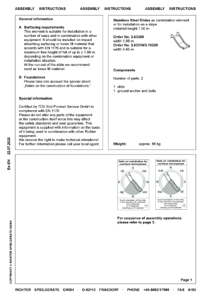 3.63300 - Stainless Steel Slide, Width 100 cm, Height 100 cm - Assembly Instructions