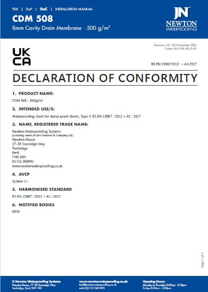 CDM 508 500g/m2 Membrane Declaration Of Conformity