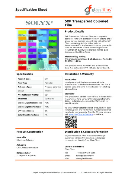 SXP Transparent Coloured Specification Sheet