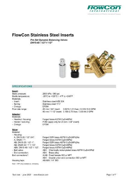 FlowCon Stainless Steel Inserts for Automatic Balancing Valves