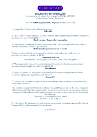 Declaration of Performance (DoP): Caltite Aquapel (5 Ltr)