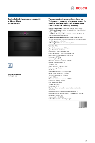 Series 8, Built-in microwave oven, 60
x 45 cm, Black
CEG732XB1B