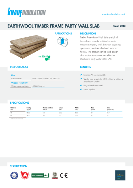 Knauf Insulation Timber Frame Party Wall Slab Insulation Data Sheet