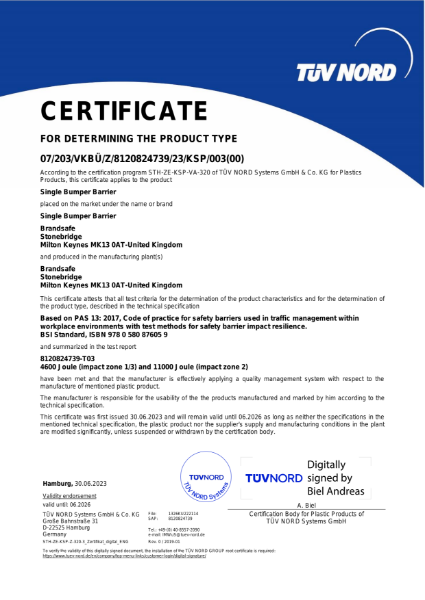 Single Bumper Barrier - PAS 13 Test Certificate - TÜV NORD