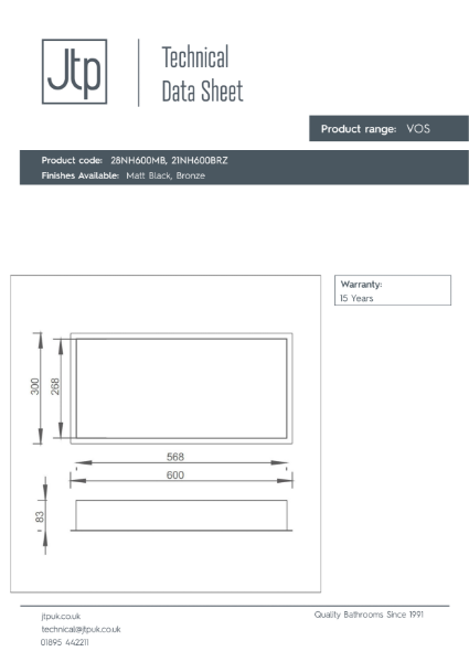 VOS Shower Niche 600 mm – Product Data Sheet