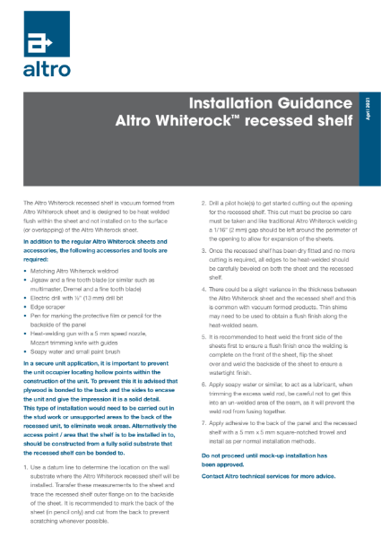 Altro Whiterock™ recessed shelf Installation Guide
