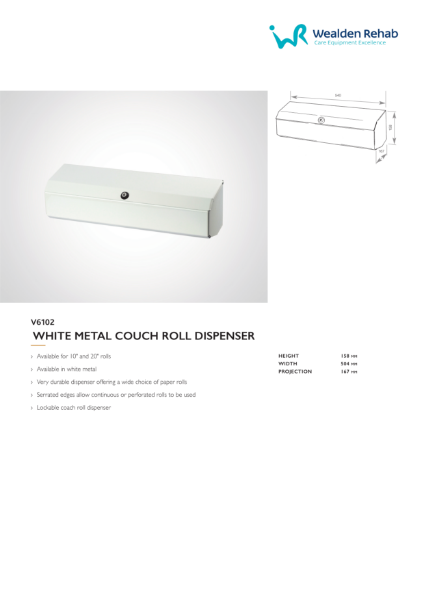 White Metal Couch Roll Dispenser - Product Specification Sheet