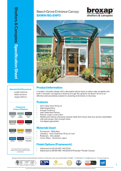 Beech Grove Entrance Canopy Specification Sheet