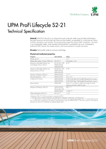 UPM ProFi Lifecycle S2-21 Technical Specification