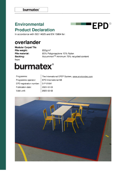 EPD certificate for carpet tiles overlander