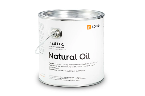 Vedlikehold for parkettgulv - BOEN Natural Oil transparent 2,5 l Behandling av oljede og ubehandlete/nedslipte tregulv Forbruk etteroljing: ca. 12 m²/l ved 2 strøk Forbruk ubehandlete/nedslipte gulv: ca. 24 m²/l ved 1 strøk