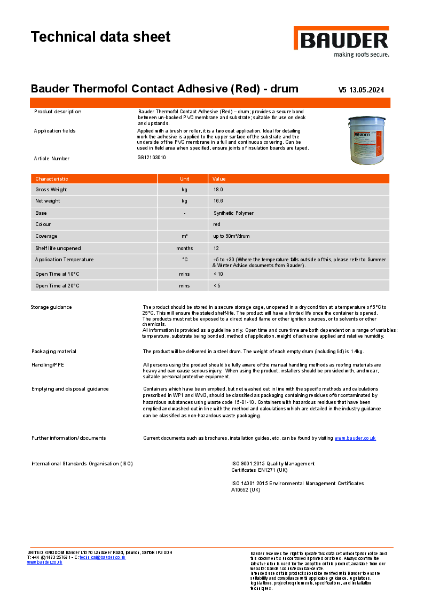 Bauder Thermofol Contact Adhesive (Red) – Drum - Technical Data Sheet (TDS)