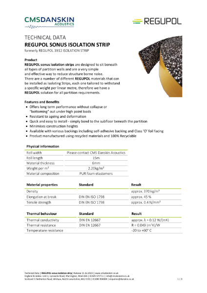 REGUPOL SONUS Isolation Strip - Technical Data Sheet