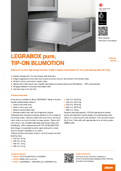 LEGRABOX pure TIP-ON BLUMOTION C Height Inner Pull-out with Design Element Specification Text