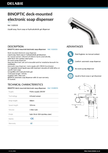 BINOPTIC deck-mounted electronic soap dispenser - Satin, Product Data Sheet