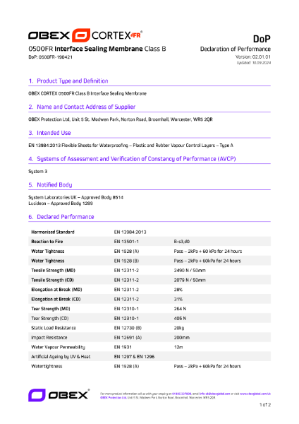 OBEX CORTEX 0500FR Class B ISM - DoP