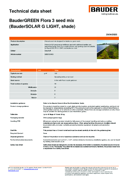 BauderGREEN Flora 3 Seed Mix - Technical Data Sheet