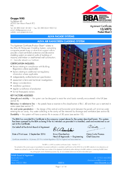 BBA 13/4975 Product Sheet 2 Aliva Air rainscreen cladding system