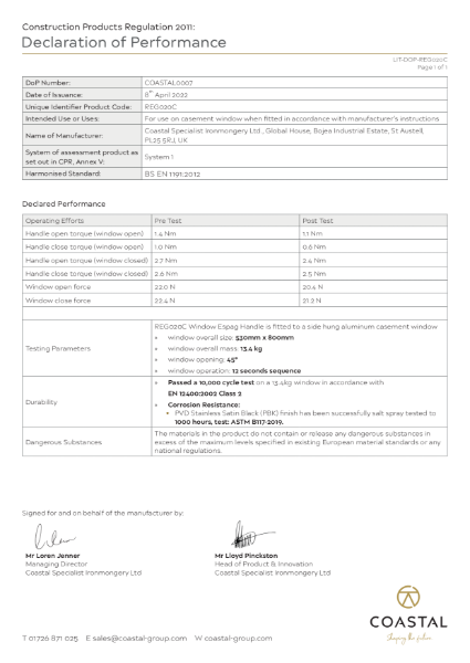 BLU™ - REG020 Regent Window Espagnolette Handle Declaration of Performance