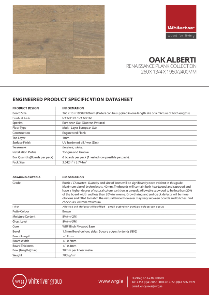 260 x 13 x 1950 & 2400mm Renaissance Oak Alberti Plank Spec Sheet