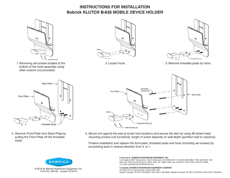 Instructions for Installation - Bobrick Klutch B-635 Mobile Device Holder